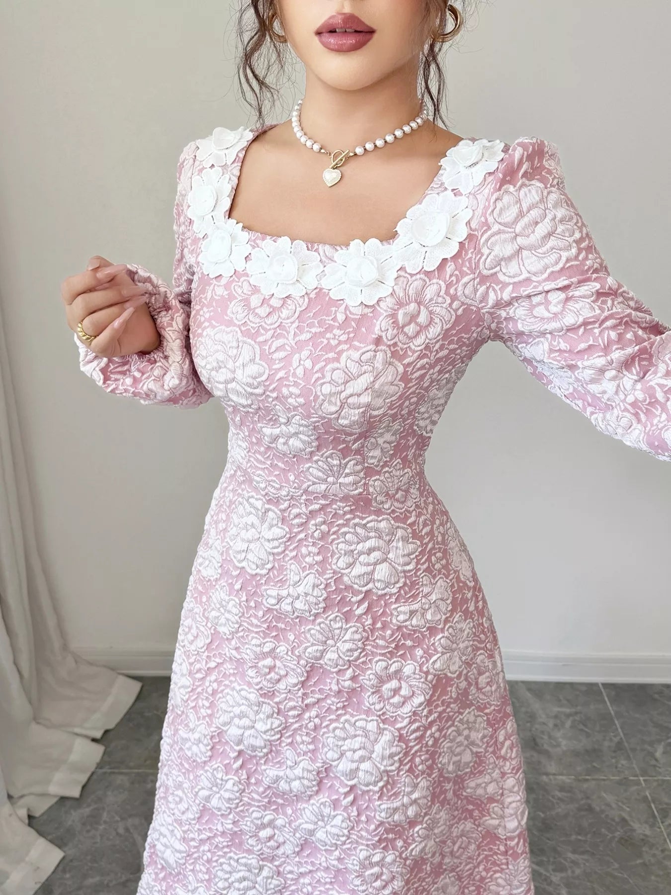 Floral Textured Square Neck Midi Dress