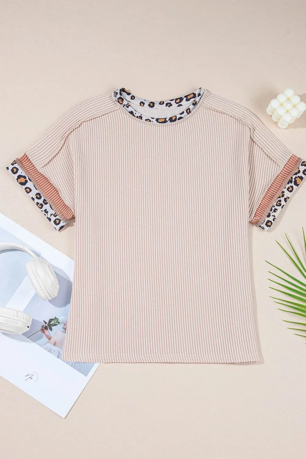Leopard Trim Round Neck Ribbed T-Shirt