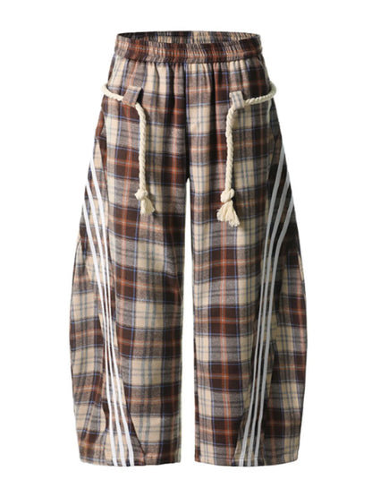 Plaid Casual Pants with Side Stripes Brown