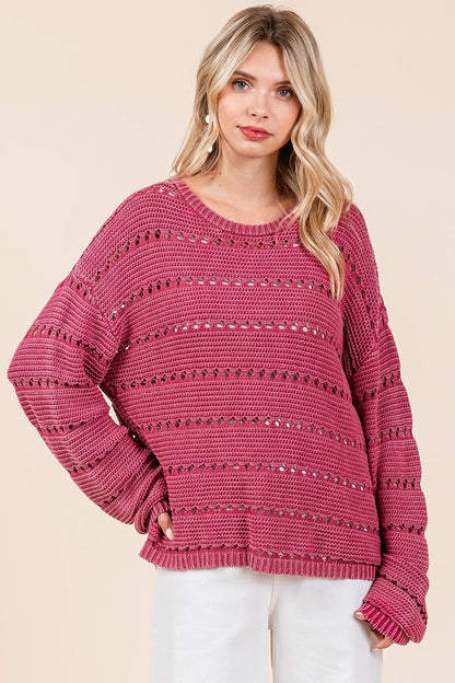 Back To School Sweater - Mittoshop Openwork Round Neck Drop Shoulder Sweater
