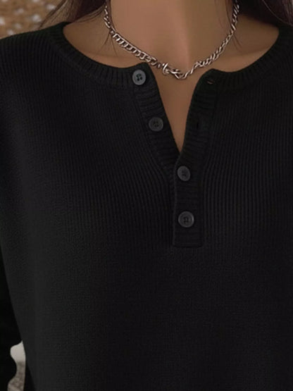 Full Size Half Button Long Sleeve Knit Top Plus Size