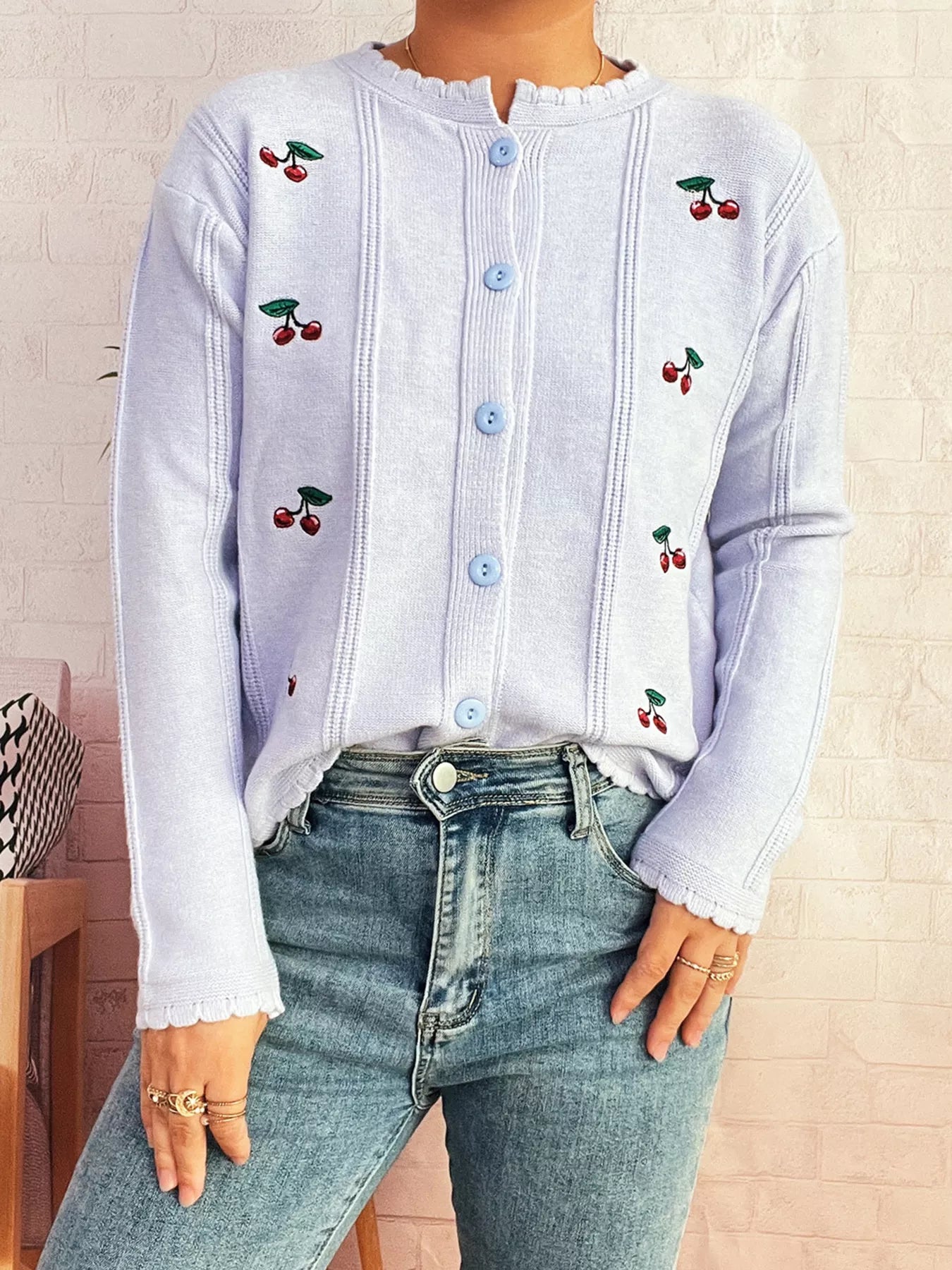 Cherry Embroidered Button Up Cardigan