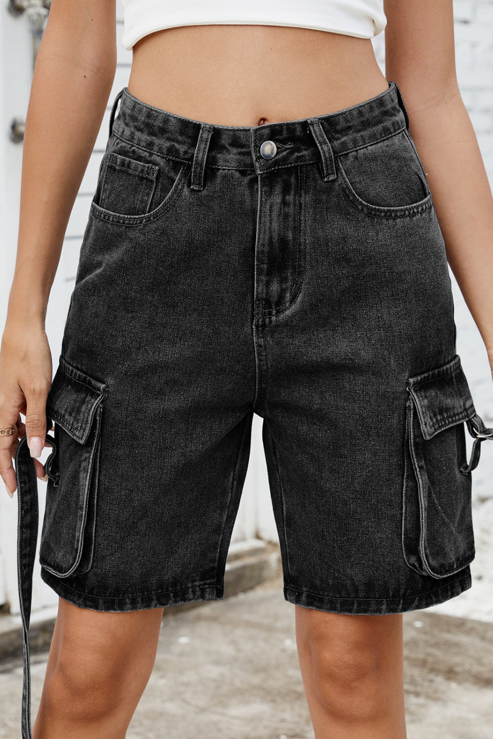 Washed Cargo Denim Shorts Black