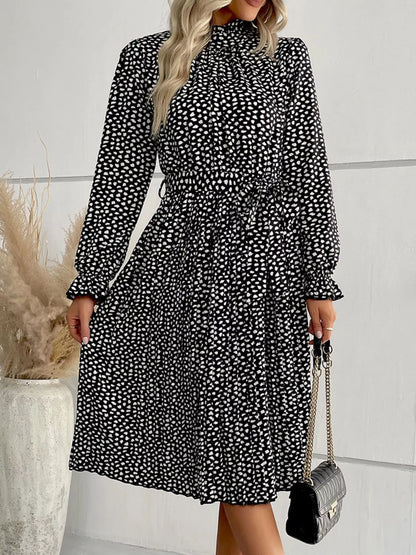 Animal Print Mock Neck Flounce Sleeve Dress Black