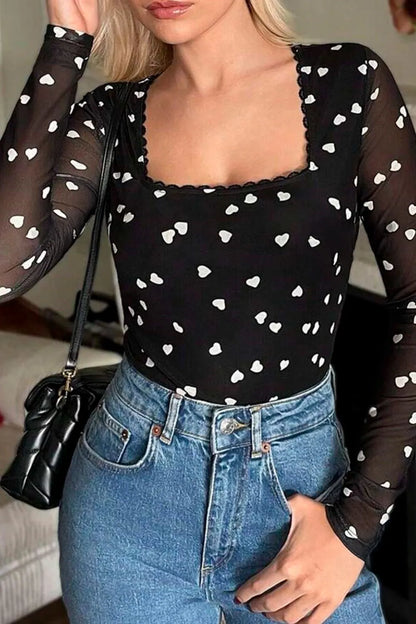 Heart Square Neck Long Sleeve Bodysuit Black