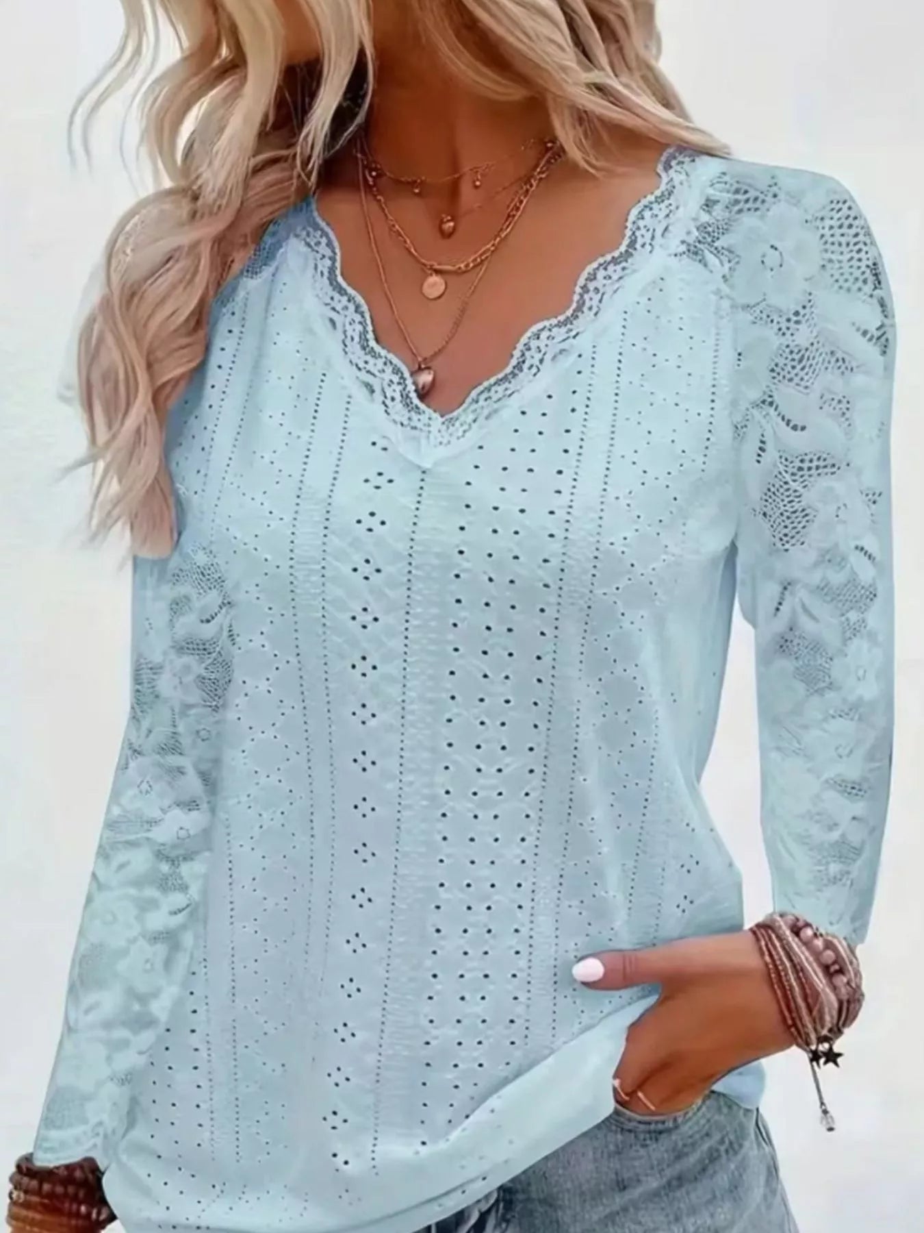 Eyelet Lace Sleeve V-Neck Blouse Blue