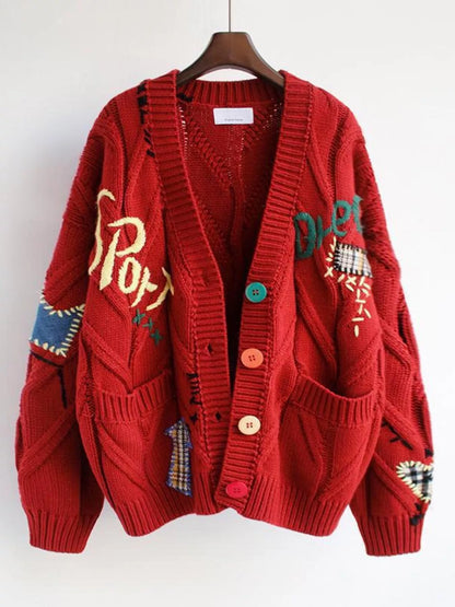 Cable Knit Button Up Cardigan Scarlet One Size