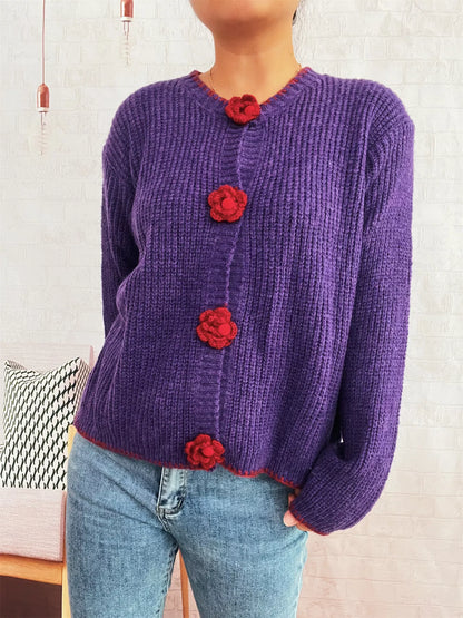 Flower Button Long Sleeve Cardigan Purple One Size