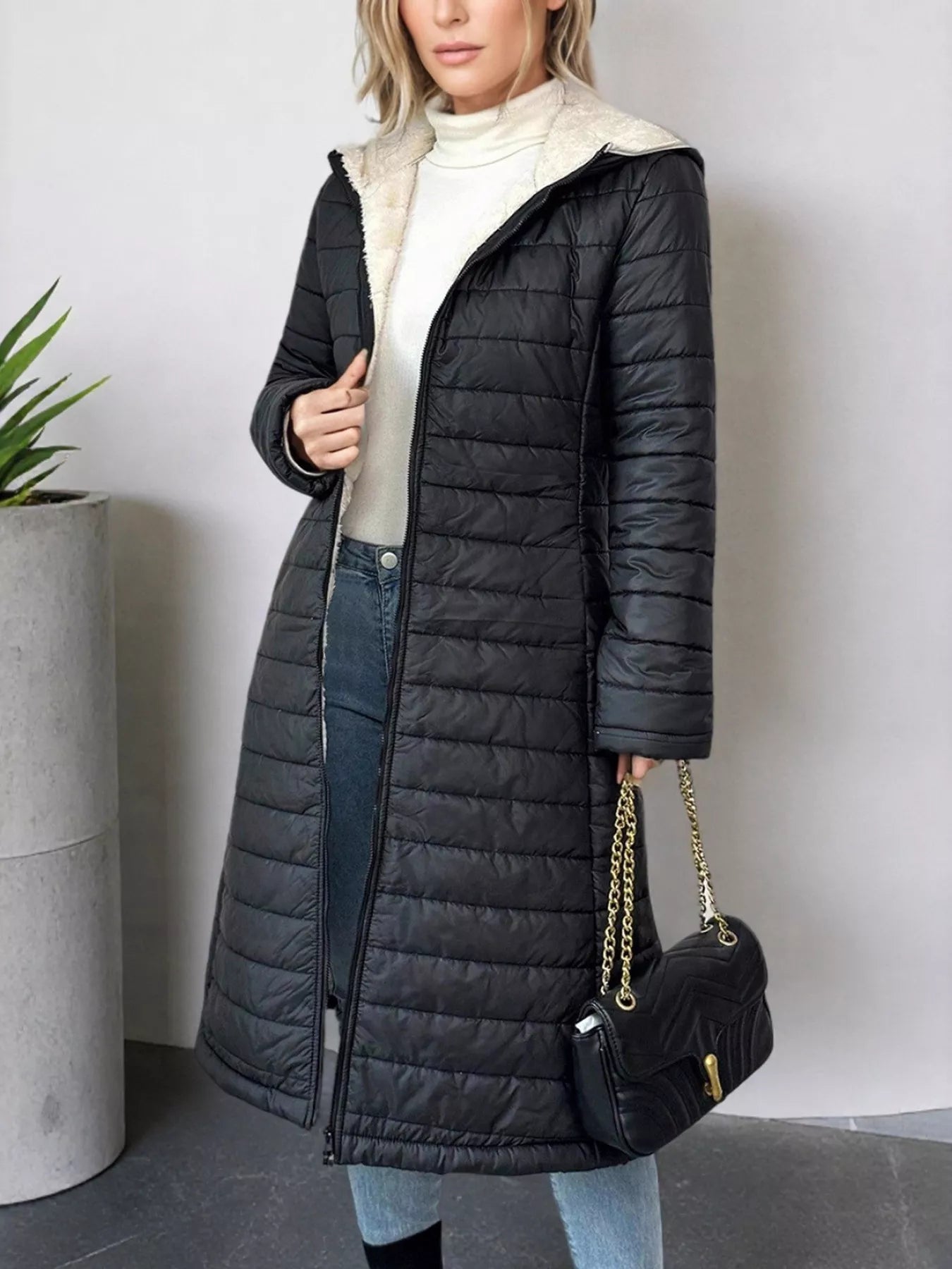 Zip Up Quilted Hooded Puffer Coat Black