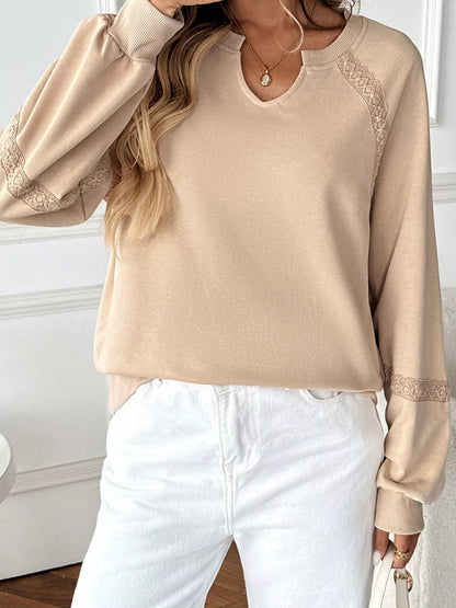 Lace Detail Notched Long Sleeve Sweatshirt