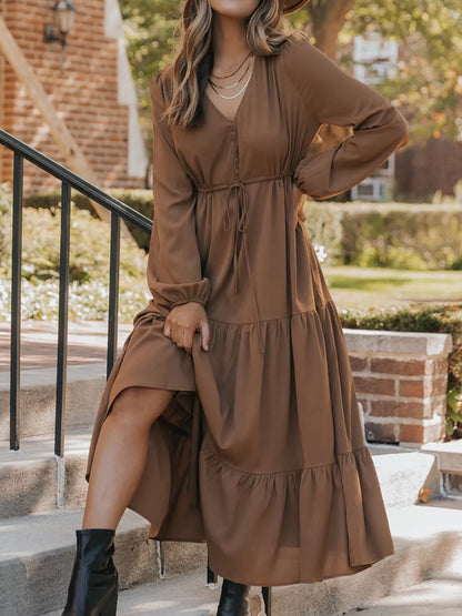 V-Neck Balloon Sleeve Tiered Dress