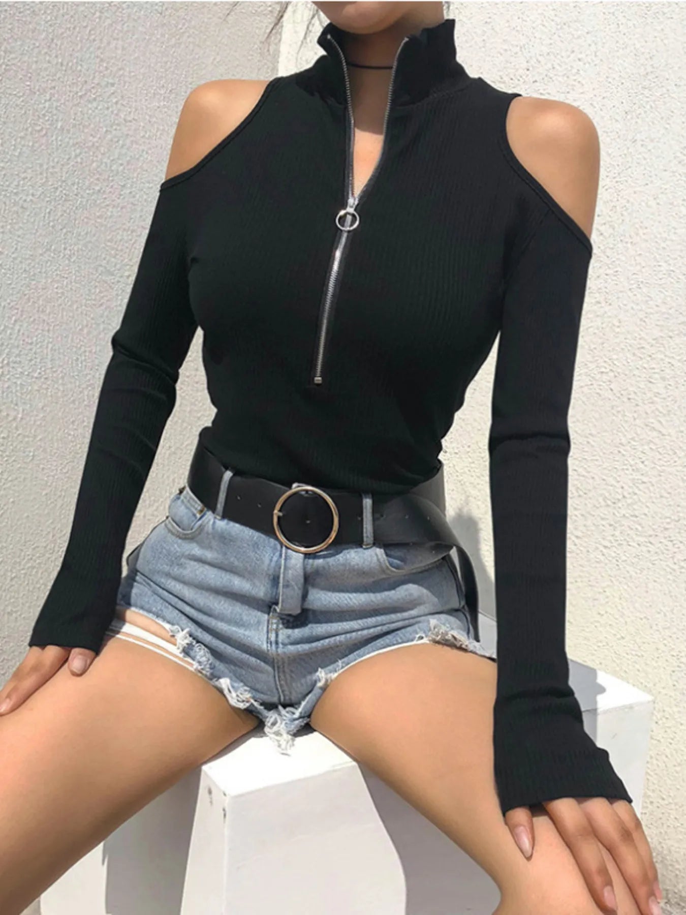 Zip Front Cold Shoulder Bodysuit