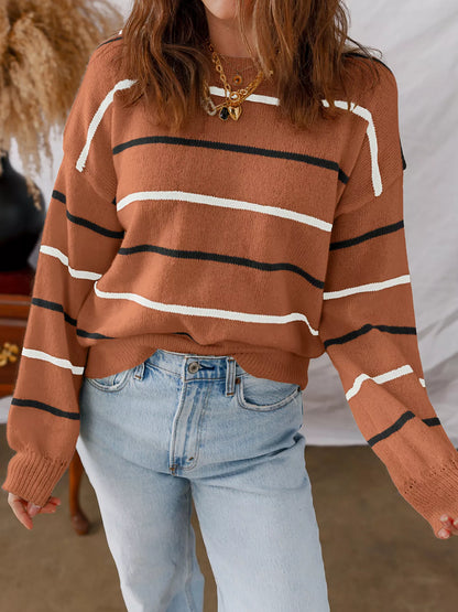 Stripe Striped Ribbed Edge Drop Shoulder Sweater Caramel