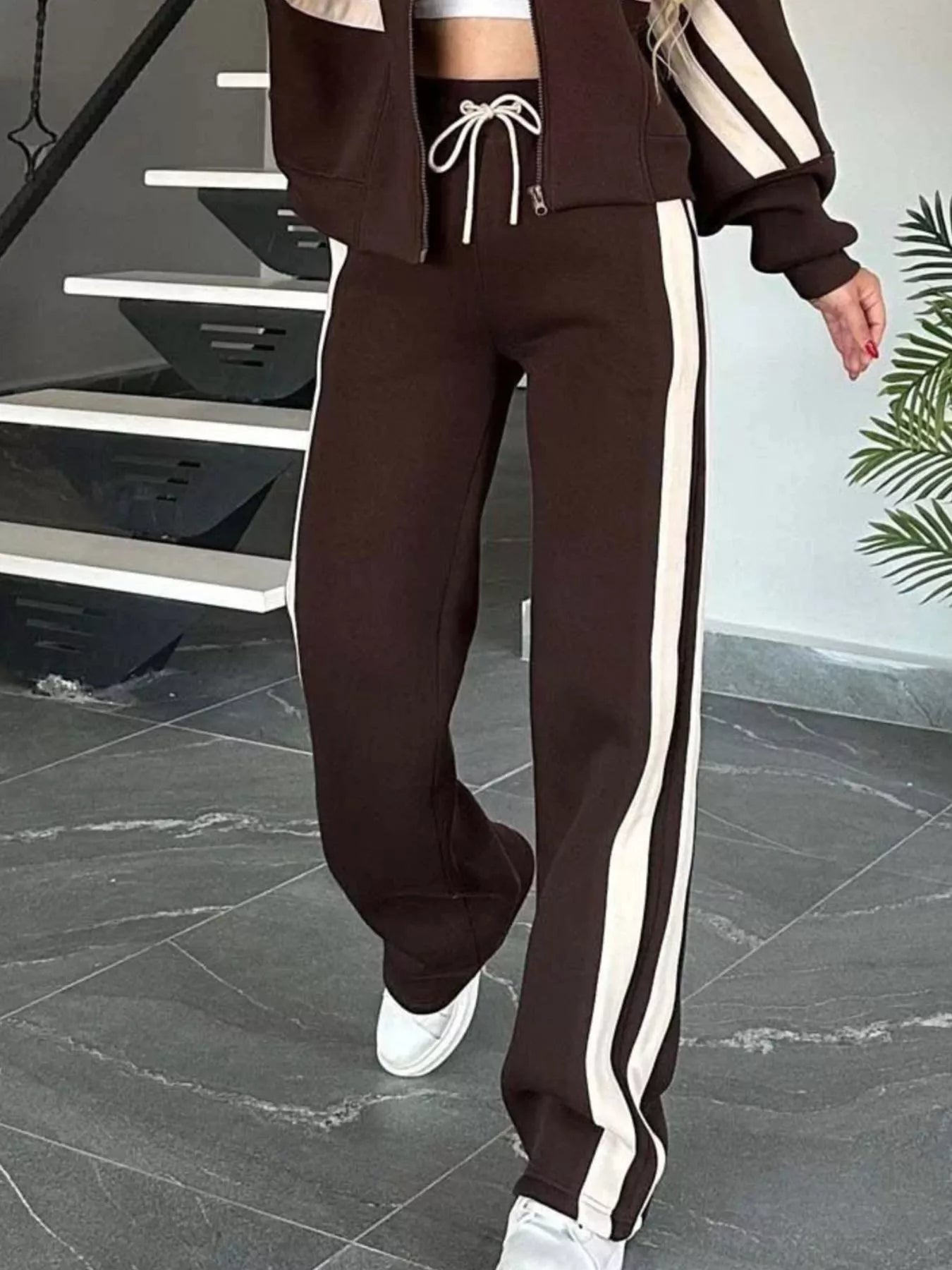 Full Size Contrast Stripe Zip Up Jacket and Pants Set Plus Size