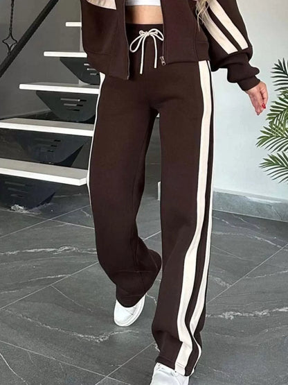Full Size Contrast Stripe Zip Up Jacket and Pants Set Plus Size