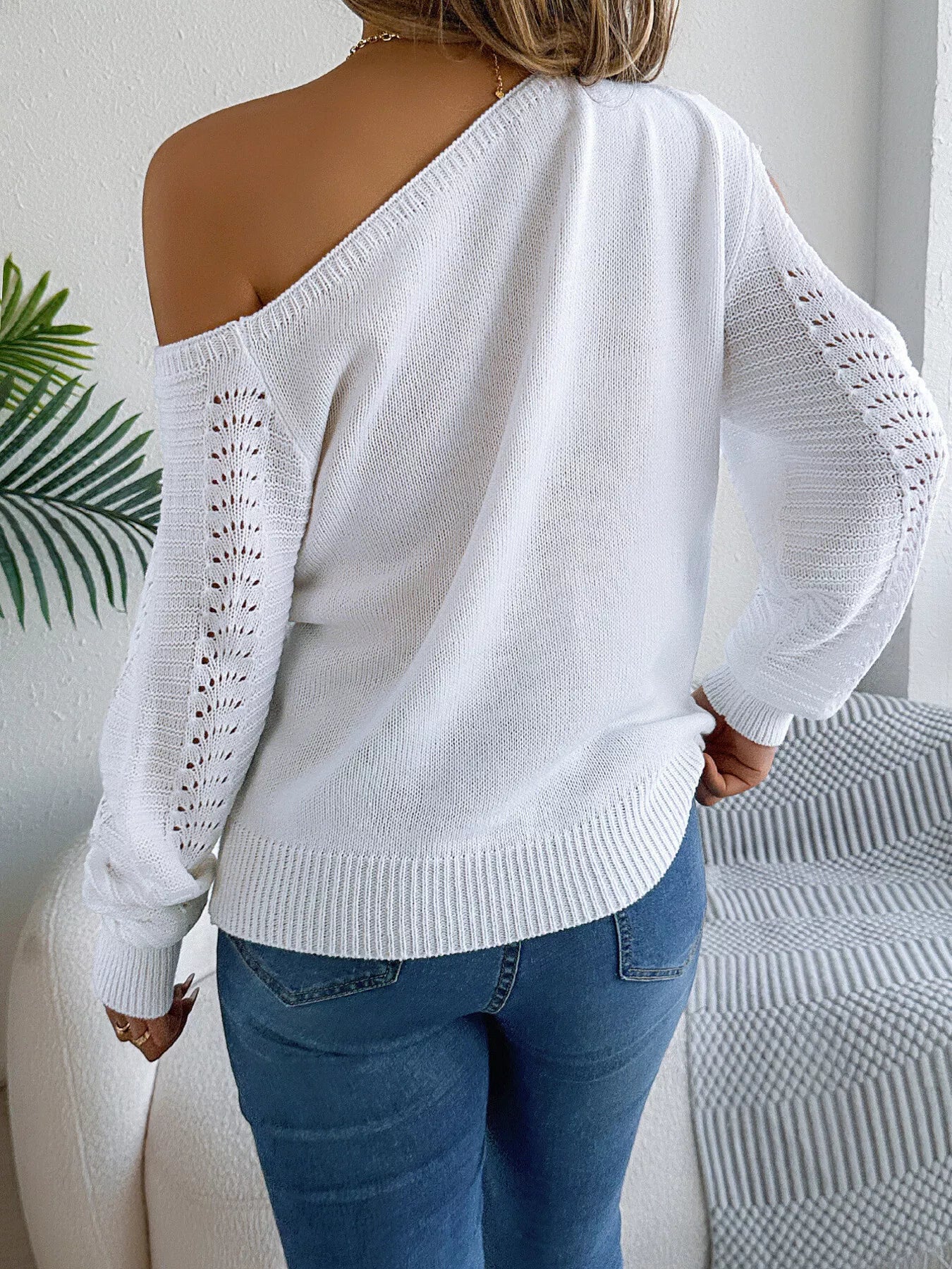 Openwork One Shoulder Cutout Long Sleeve Sweater