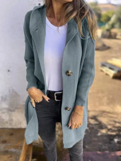 Full Size Button-Down Hooded Cardigan Plus Size Dark Green