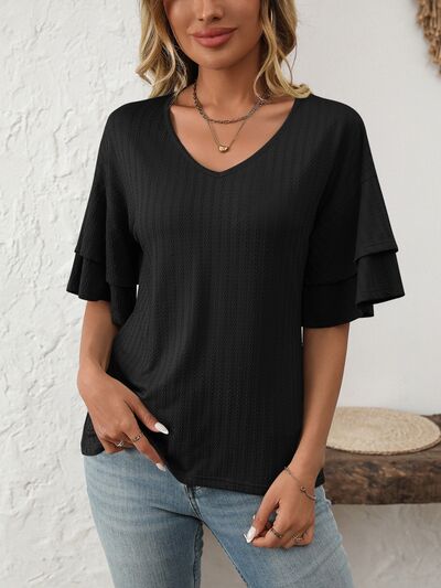 Mandy V-Neck Ruffle Half Sleeve Top Black