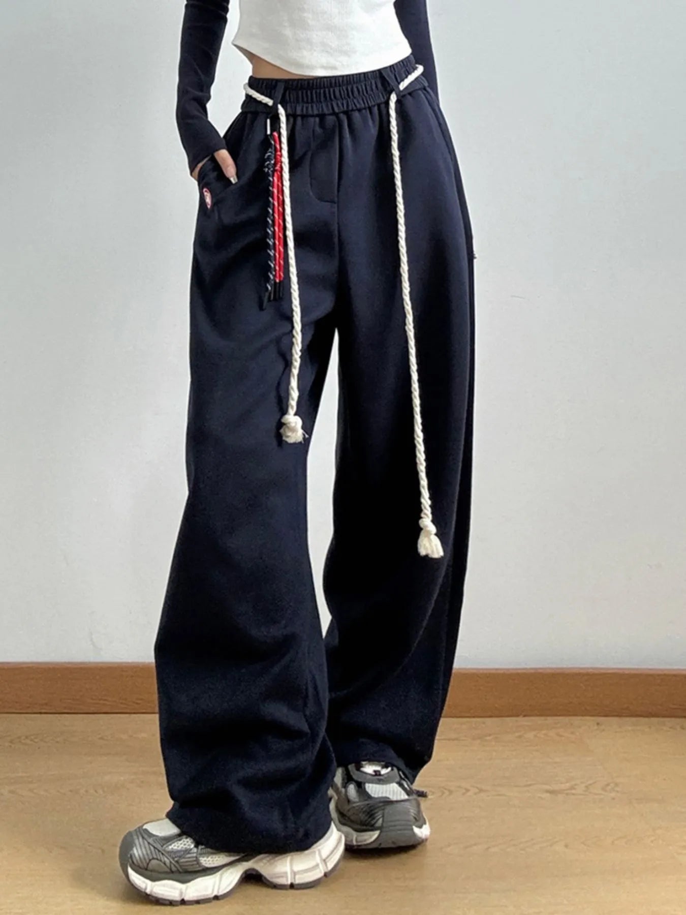 Decorative Rope Detail Casual Pants Navy Blue
