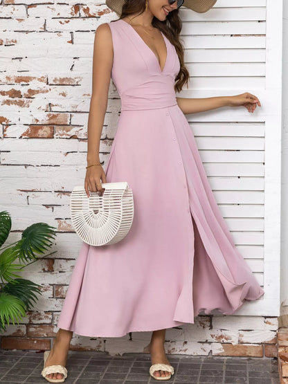 Full Size Slit V-Neck Sleeveless Dress Plus Size Pink