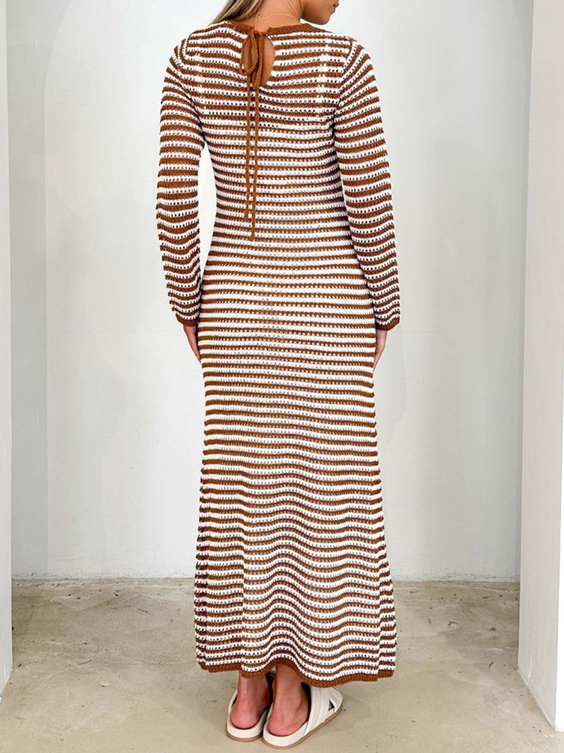 Devine Tied Round Neck Striped Sweater Dress Caramel