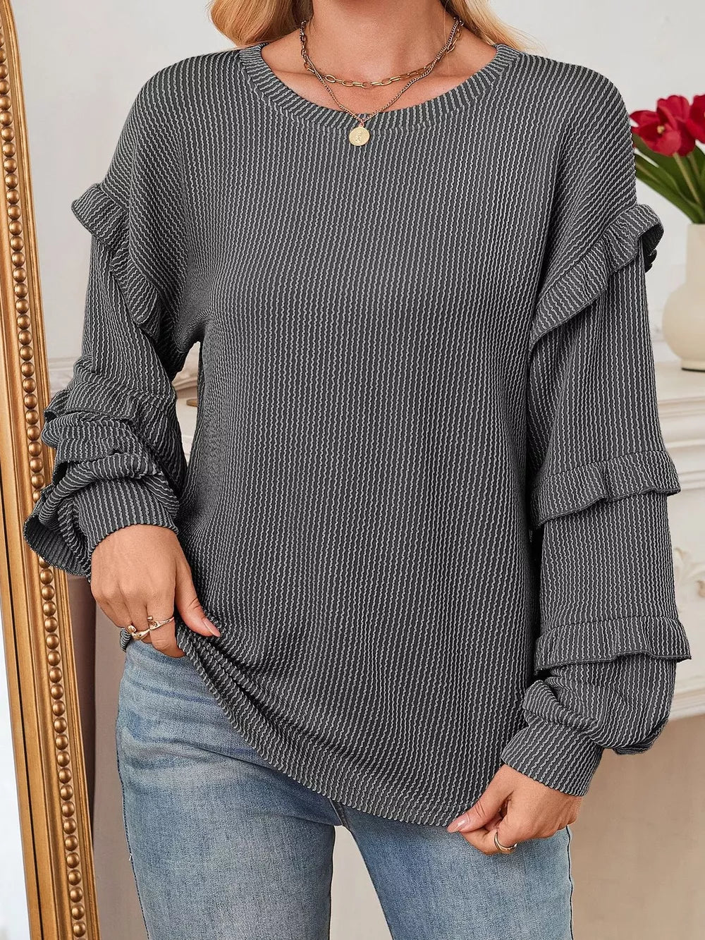 Round Neck Ruffled Long Sleeve Sweatshirt Dark Gray