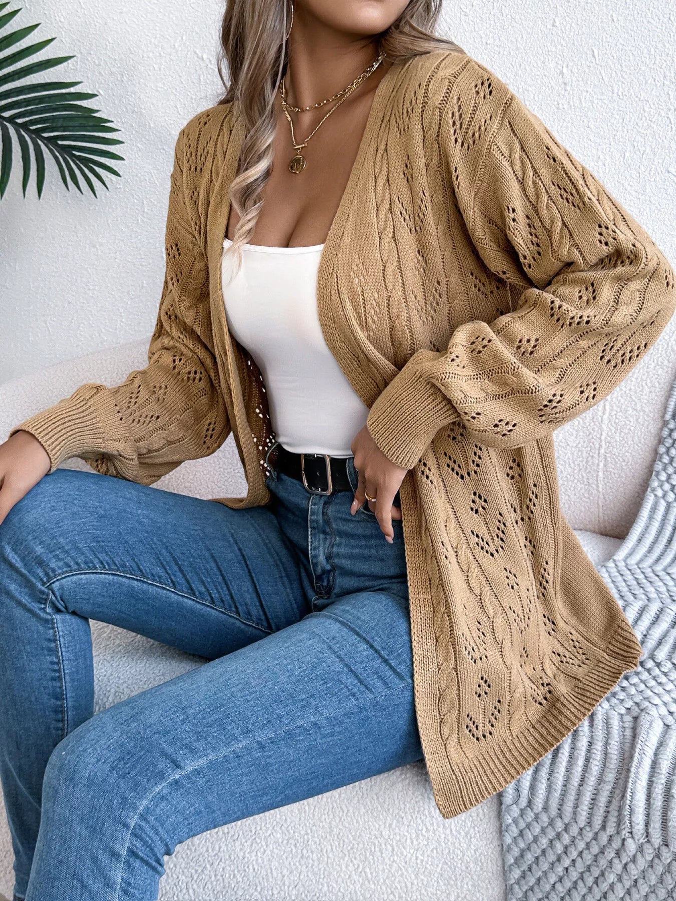 Openwork Open Front Long Sleeve Cardigan Khaki