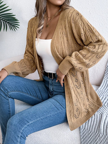 Openwork Open Front Long Sleeve Cardigan Khaki