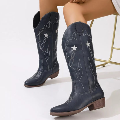 Western Star Embroidered Cowboy Boots Navy Blue