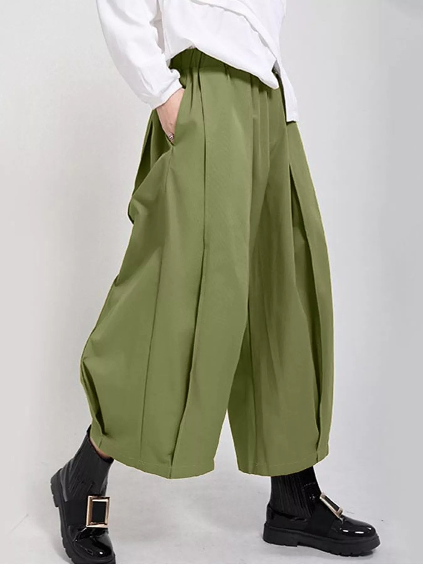 Wide Leg Pleated Detail Pants Matcha Green