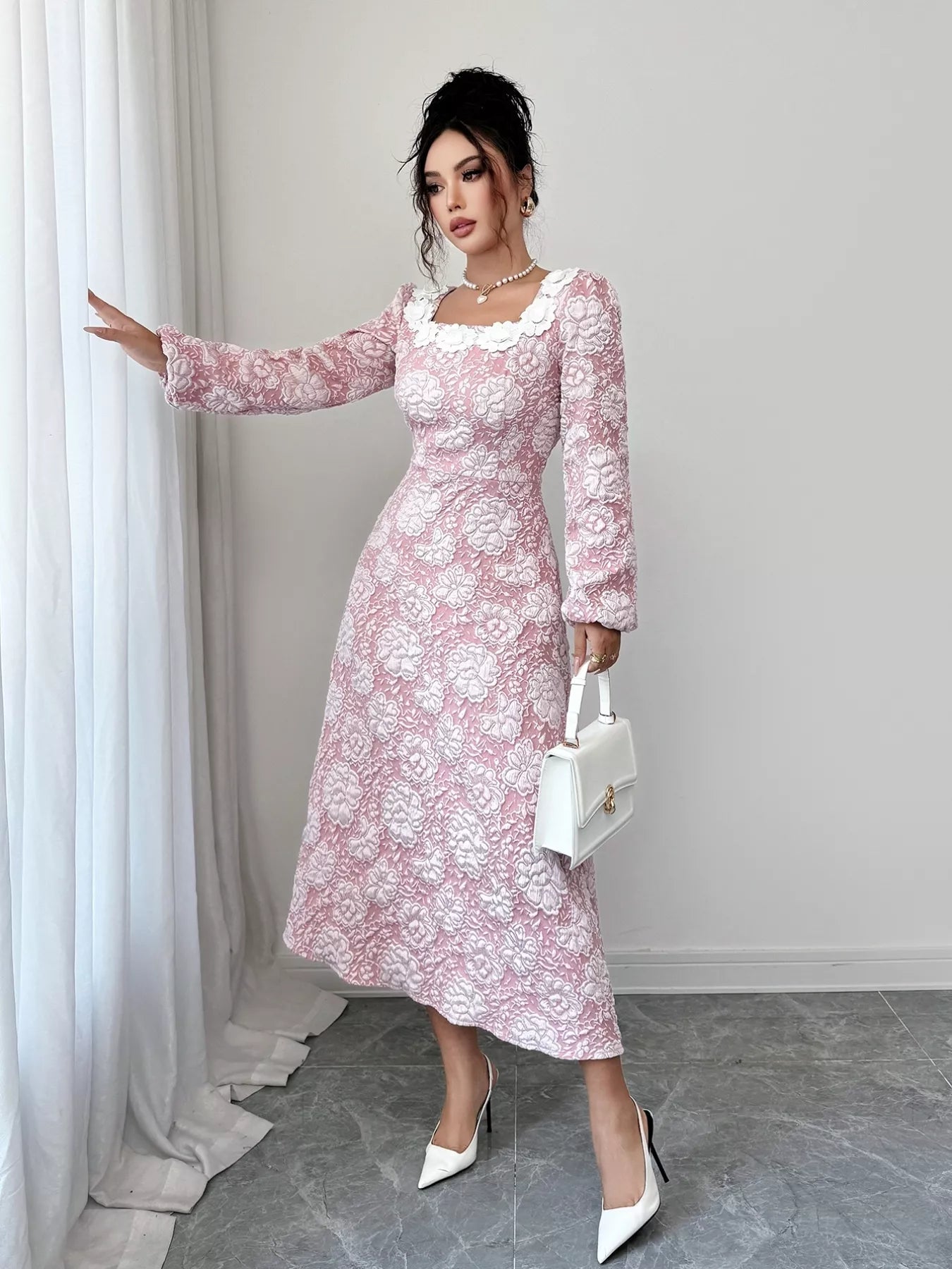 Floral Textured Square Neck Midi Dress