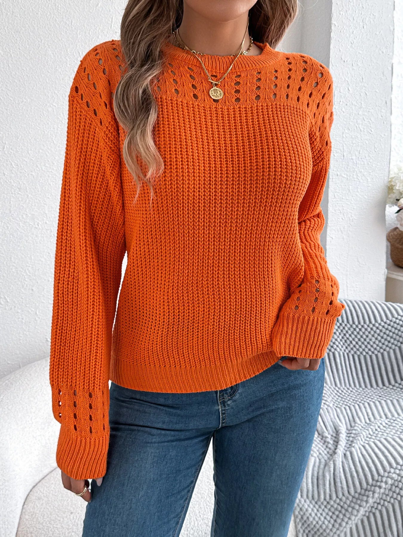 Openwork Round Neck Long Sleeve Sweater Orange