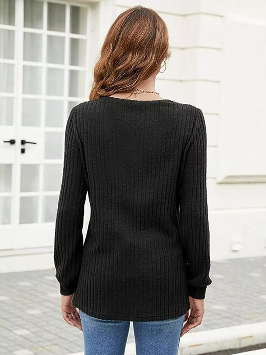 V-Neck Ribbed Long Sleeve Knit Top