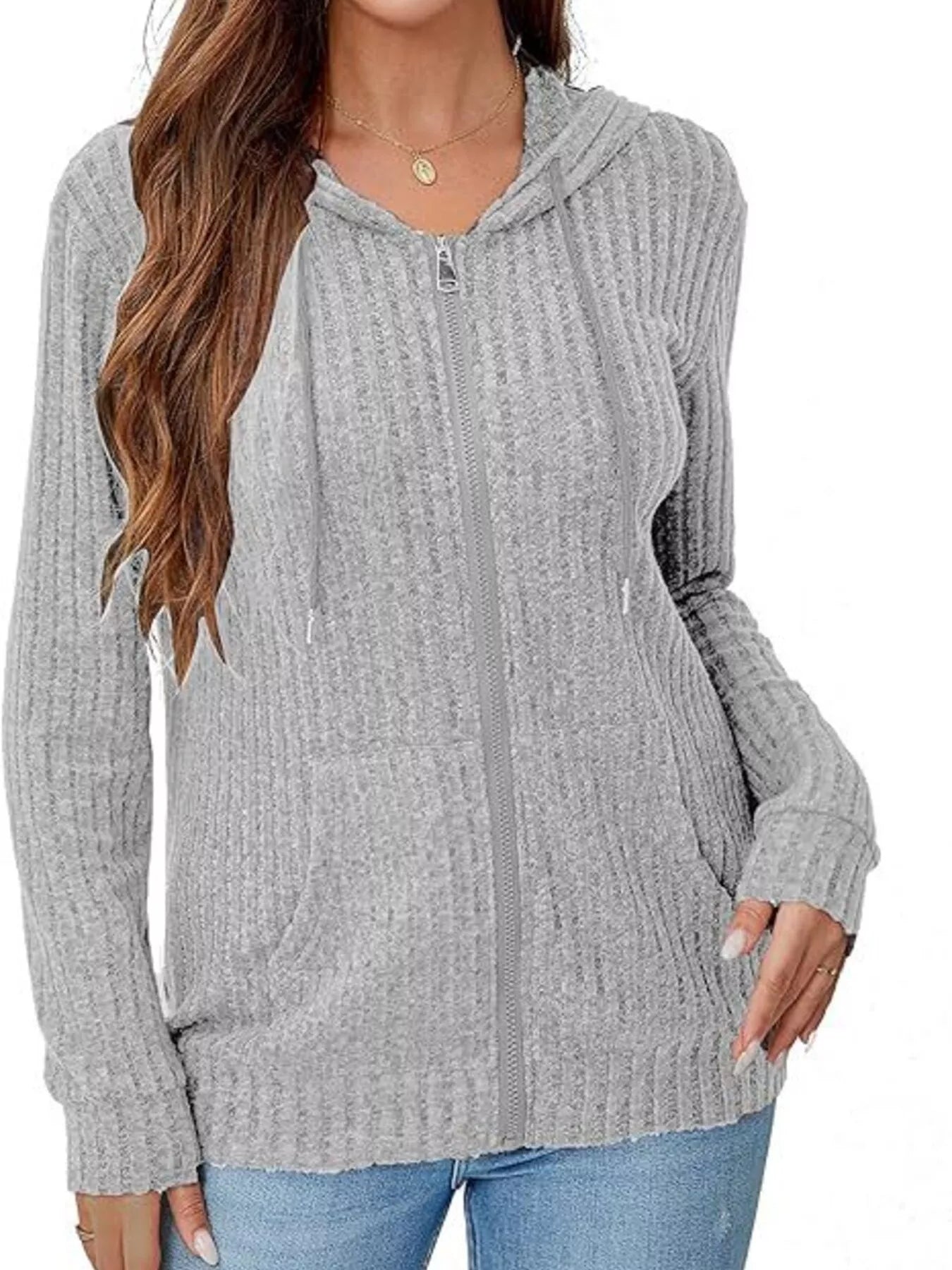 Ribbed Zip Up Hooded Outerwear Grey