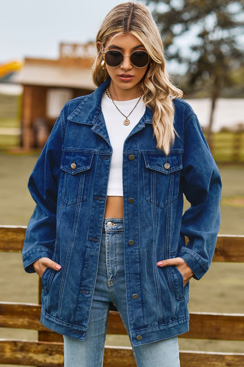 Buttoned Collared Neck Denim Jacket with Pockets Dark