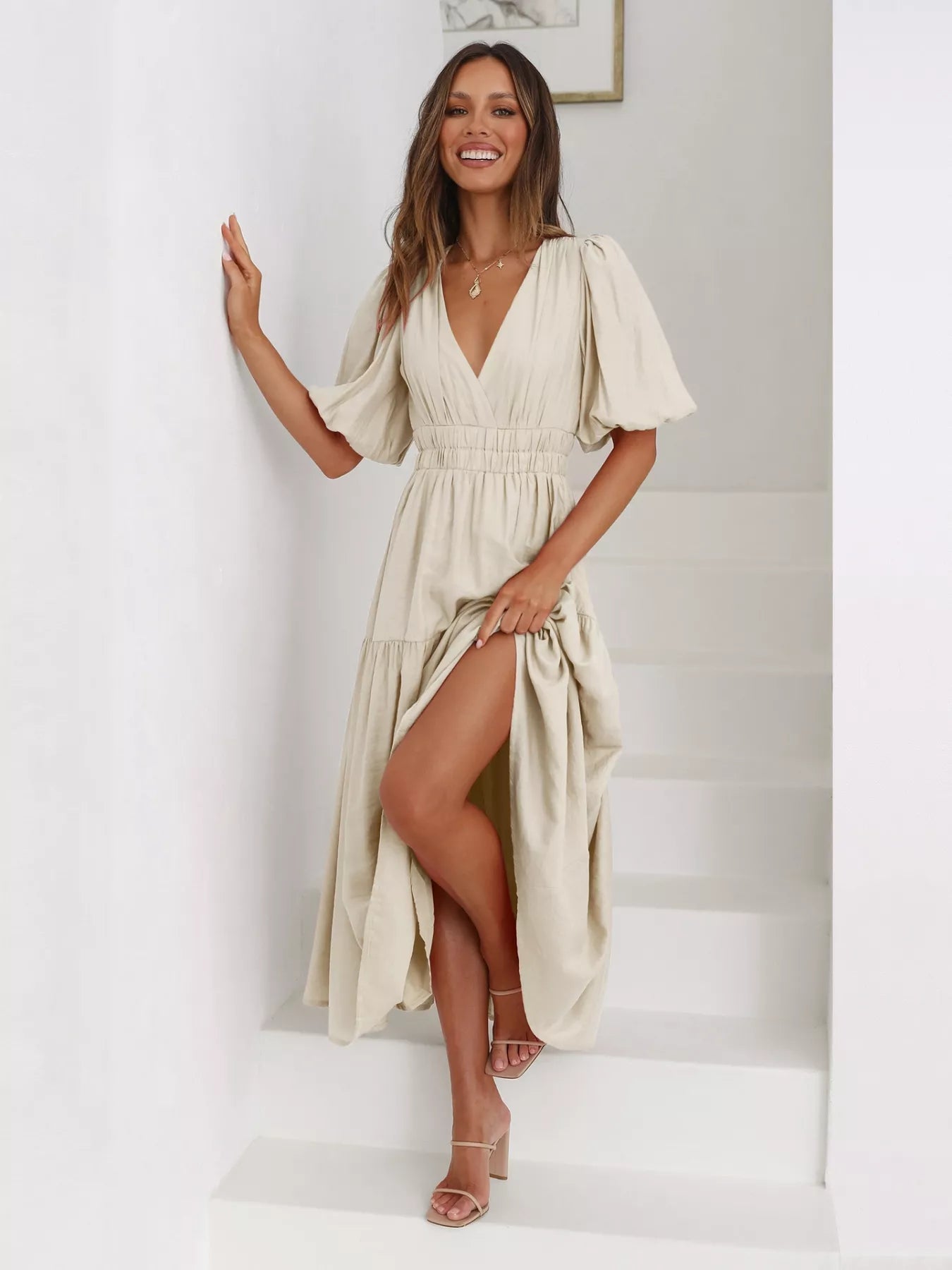 Tiered Puff Sleeve Midi Dress