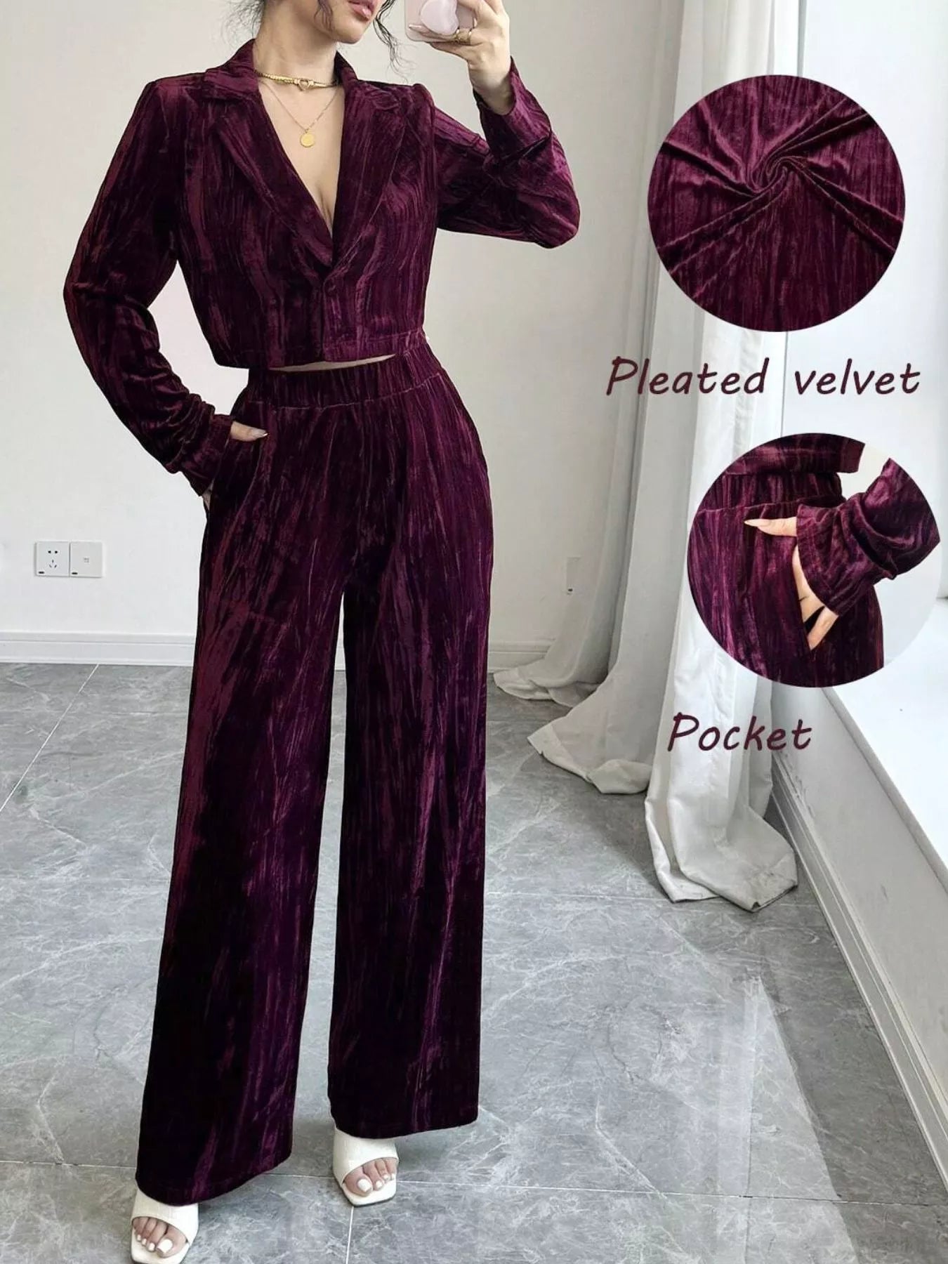 Pleated Velvet Blazer & Wide Leg Pants Set