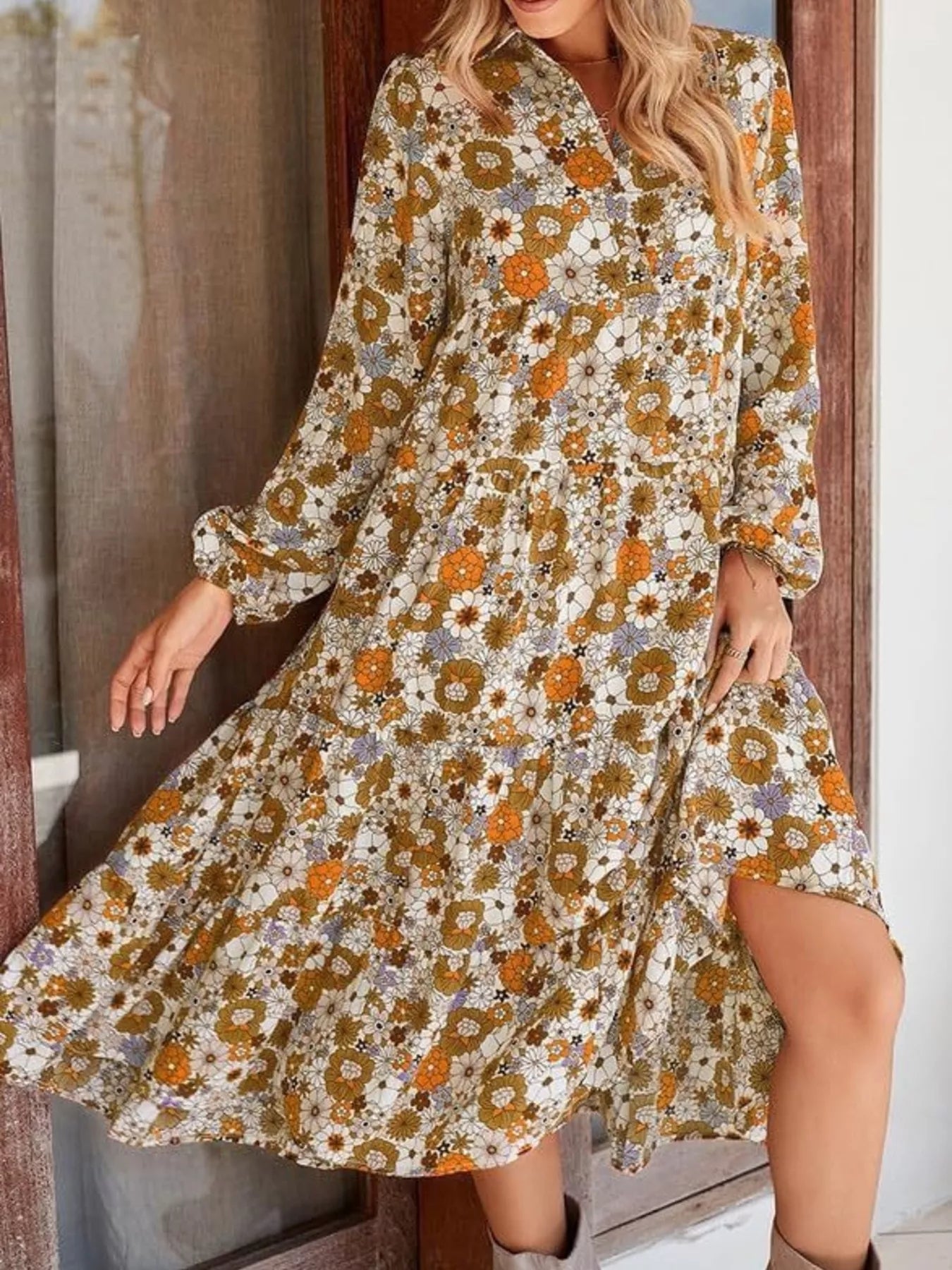 Floral Print Balloon Sleeve Midi Dress Light Brown