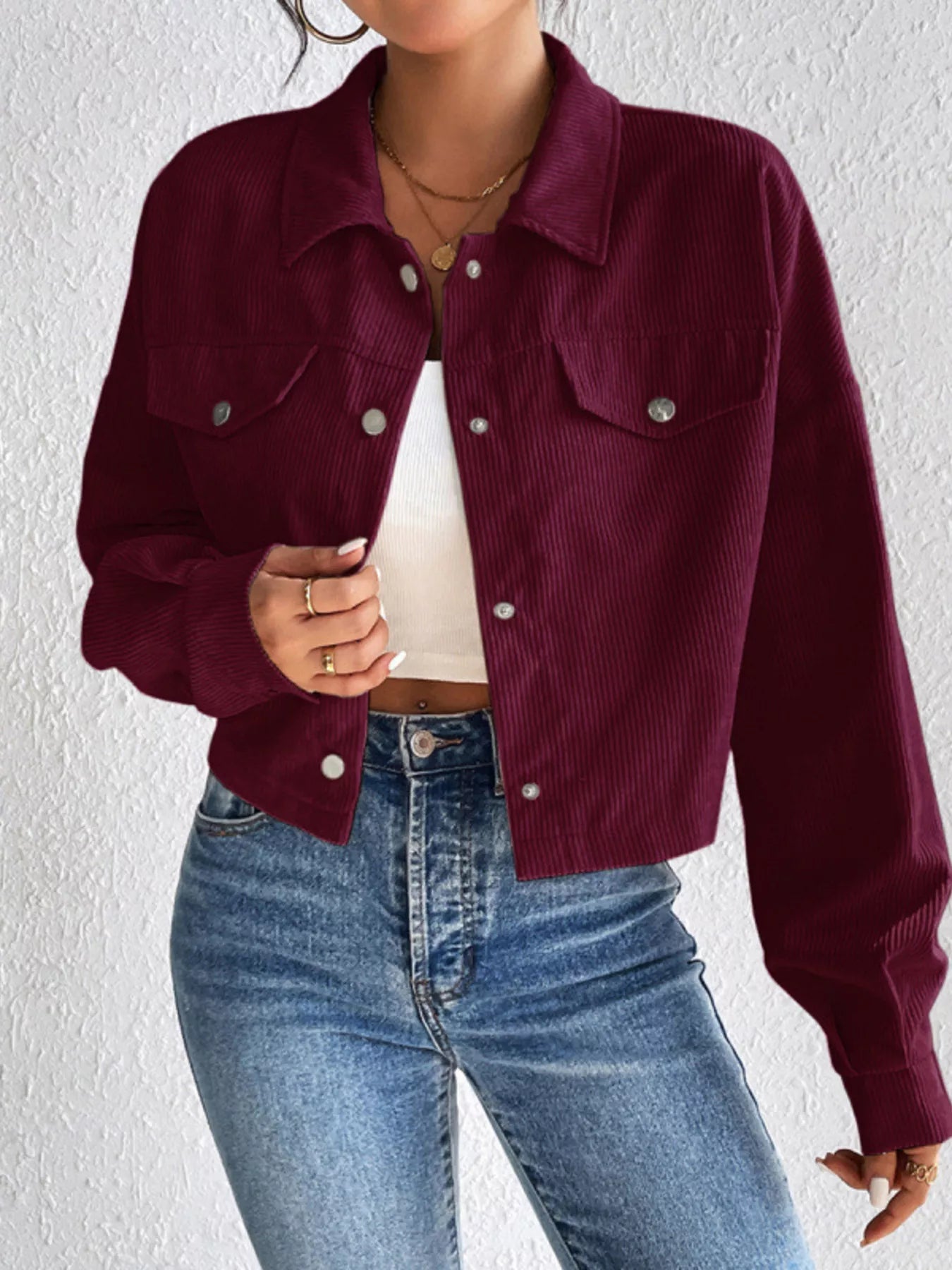 Casual Corduroy Snap Down Cropped Jacket