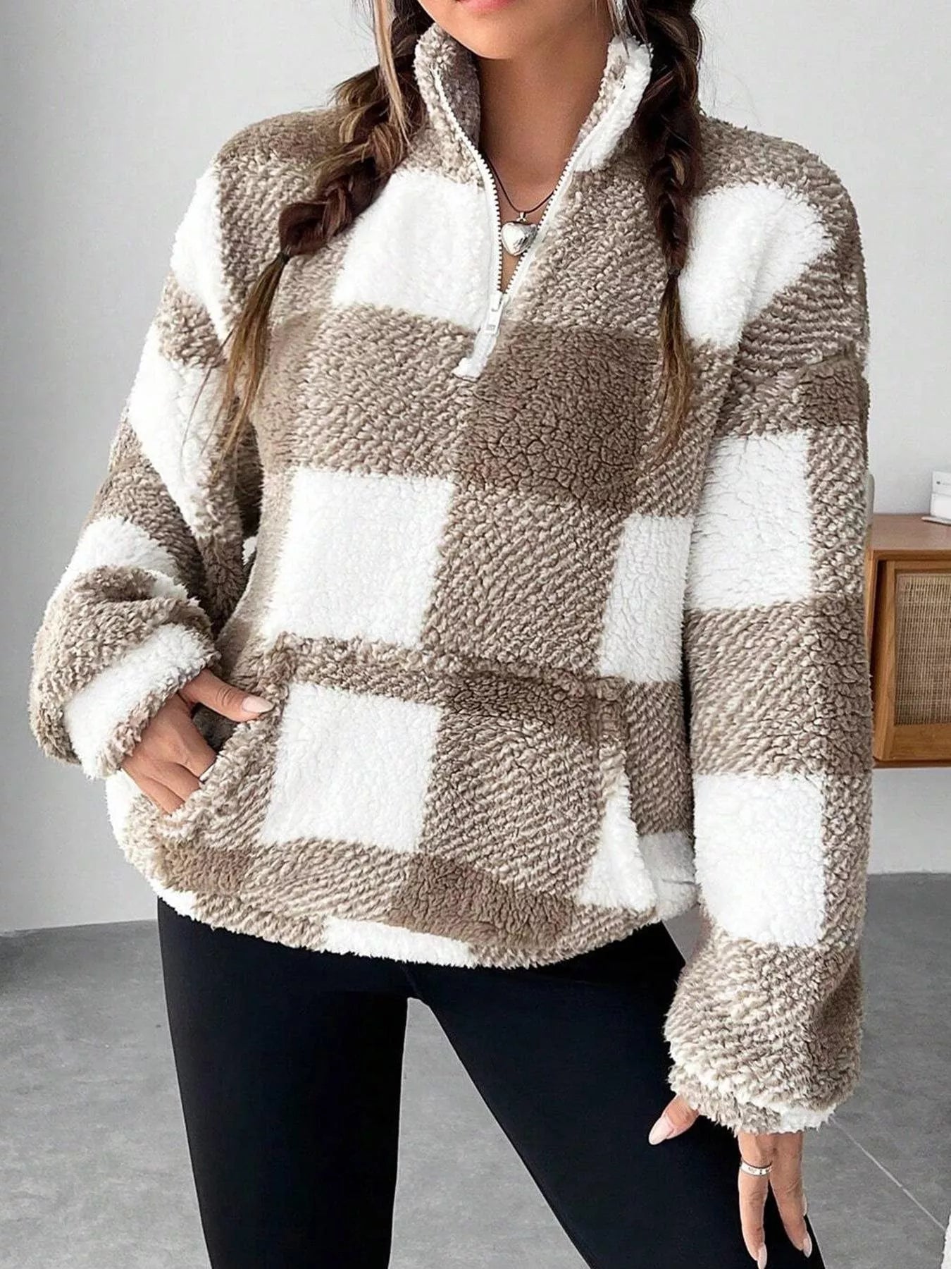 Full Size Plaid Sherpa Long Sleeve Sweatshirt Plus Size