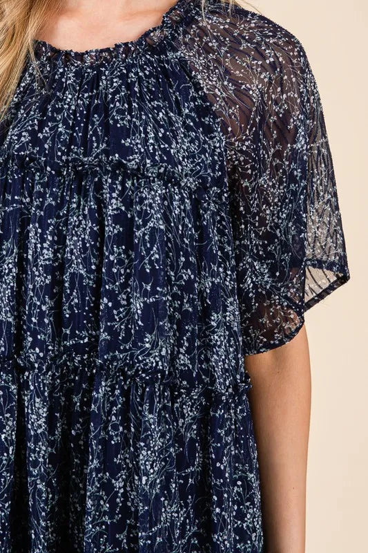 Lime 'N' Chili Ditsy Floral Print Sheer Ruffle Detail Mini Dress