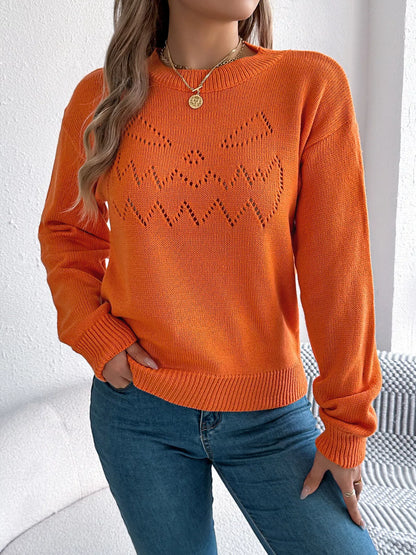 Openwork Round Neck Long Sleeve Sweater Orange