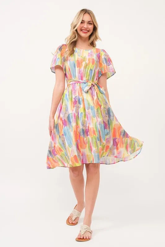 Lime 'N' Chili Watercolor Print Tie Front Midi Dress ORANGE COMBO