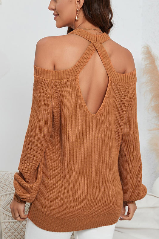 Back To School Sweater - Cutout Back Cold Shoulder Long Sleeve Sweater