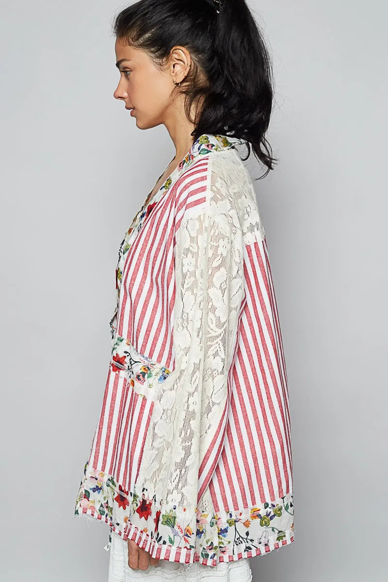 POL Lace Long Sleeve Striped Cardigan with Floral Patchwork Detail