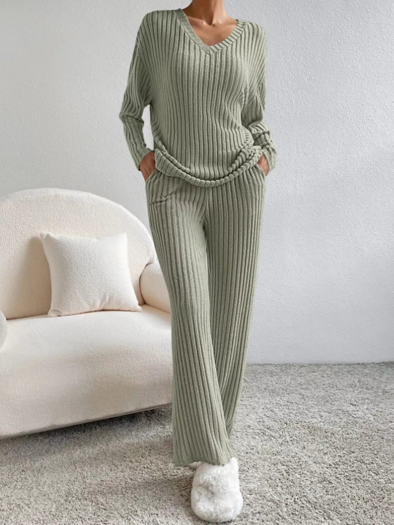 Ribbed Knit Long Sleeve Top and Pants Set