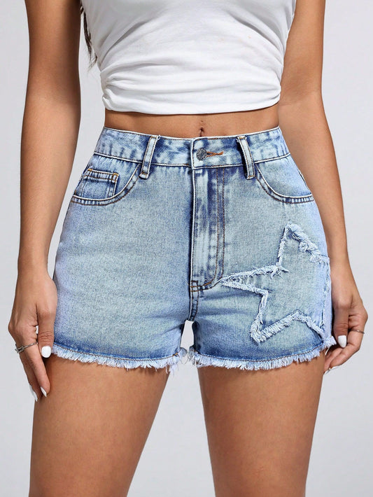 Star Raw Hem Denim Shorts Light