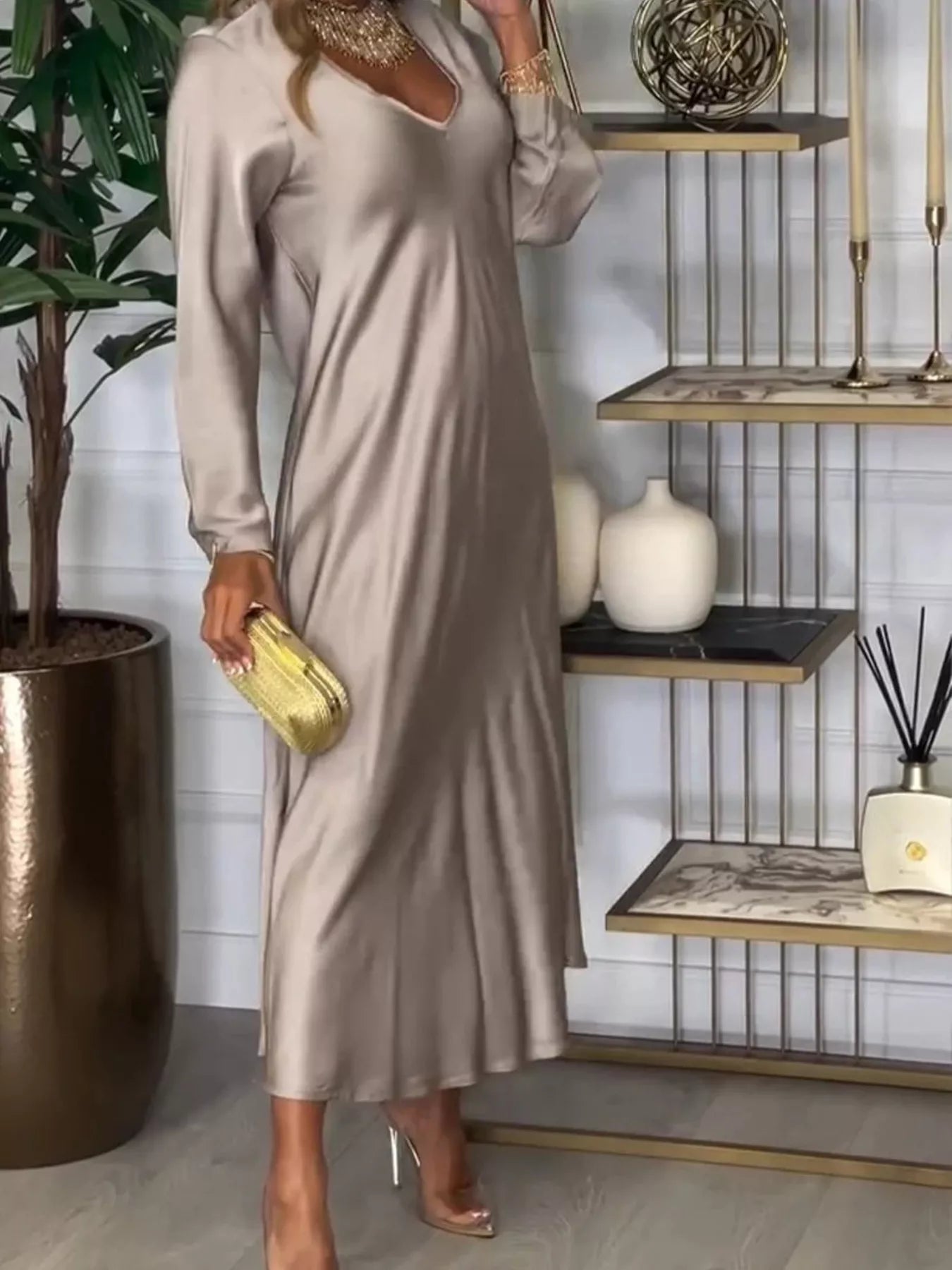 Full Size V-Neck Long Sleeve Midi Dress Plus Size