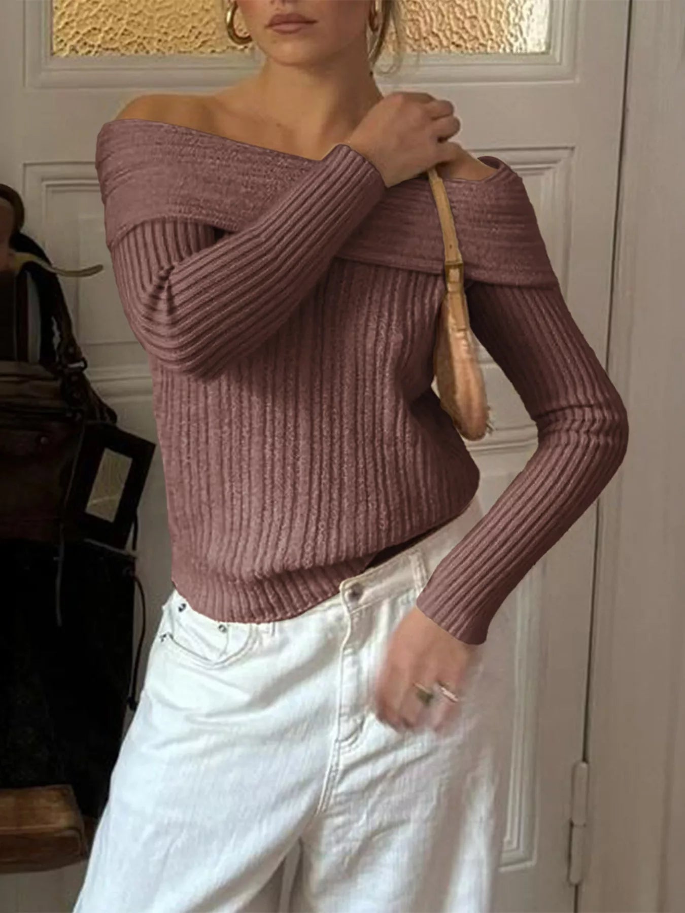Off-Shoulder Ribbed Knit Sweater Brown
