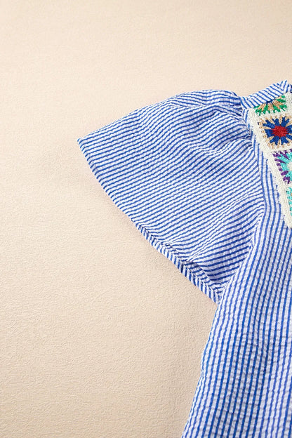 Stripe Textured Ruffle Short Sleeve Boho Detail Square Neck Blouse